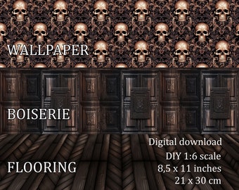 Miniature 1:12 scale Dollhouse creepy Wallpaper, perfect for halloween and dramatics scene, victorian style, golden skull old wooden texture