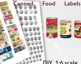 DIY 33 étiquettes de conserves, miniatures imprimables pour maison de poupée, Blythe, échelle 1/6, épicerie, agrafes de garde-manger