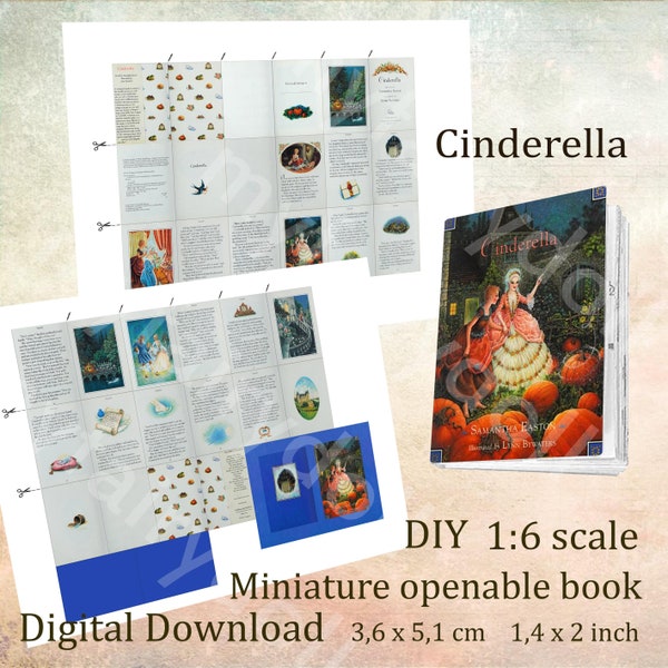 Miniature Openable Readable Book with 34 Pages for Dolls, DIY Dollhouse Library, Fairy Tale Book "Cinderella"