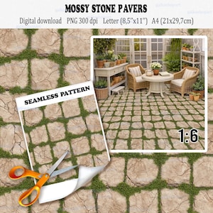 Patrón de adoquines de piedra musgosa en miniatura - Textura de suelo para diorama a escala 1:6, camino de jardín imprimible, PNG de adoquines sin costuras para escenas en miniatura de casas de muñecas