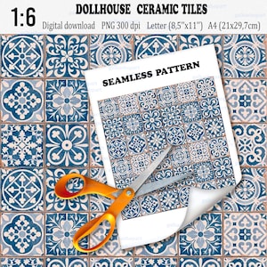 May include: A digital download of dollhouse ceramic tiles with a seamless pattern. The tiles are blue and white with a floral design. The image includes a sheet of paper with the words "SEAMLESS PATTERN" and a pair of orange scissors. The paper size is 8.5"x11".