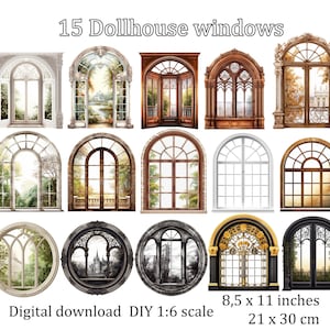 Miniature 1:6 scale Dollhouse windows in victorian style. Architecture Digital Image Set -  JPG files for making vintage doll rooms