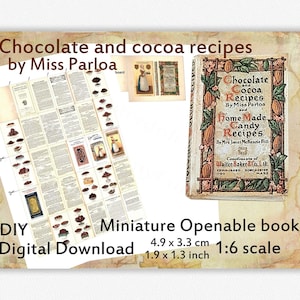 Diy Vintage Mini Book &quot;Chocolate and cocoa recipes&quot;, Openable Readable doll book with 29 pages, dollhouse 1:6 1/4 scale, Blythe, BJD