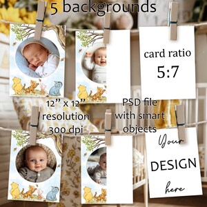 Maandelijks babyfotobannermodel, 5 x 7 hangende kaart PSD, slinger mock-up van zes kaarten, sjabloon babymijlpaal fotorekwisiet