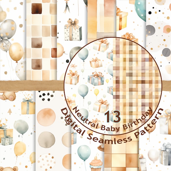 Set of 13 Baby birthday digital seamless pattern in neutral colors, backgrounds with checkered and polka dots prints for gift wrapping