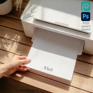 Printer Mockup PSD: 8.5x11 Letter Paper Print, Hand Holding Sheet, Sunlight Desk Photo, Smart Object Template for Printable Art, Invitations