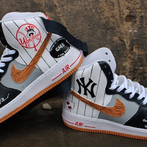 Custom painted Nike Air Force 1 High "NY Yankees" theme handpainted Sneaker Art