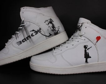 Custom Dac crew Vegan High Tops “Banksy” unique street Art graffiti sneakers