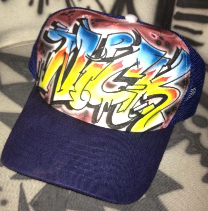 Custom Airbrush Trucker Mesh Cap Hat Graffiti Your Name Etsy