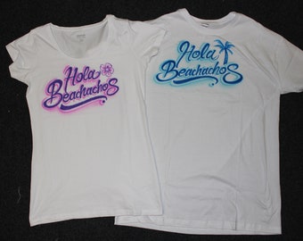 Airbrush colourful summer Graffiti T-Shirt  "Hola Beachachos" all sizes! S - XXL Pink or Blue