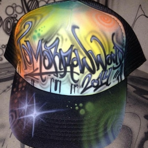 Custom Airbrush Trucker Mesh Cap Hat Graffiti Your Name UNIKAT image 1