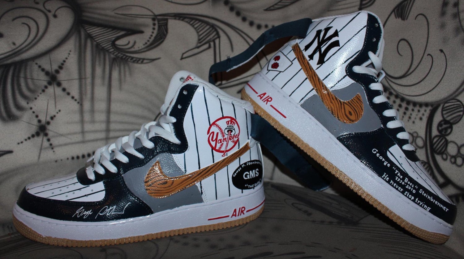 Custom Painted Nike Air Force 1 High NY Yankees Theme Handpainted Sneaker Art
