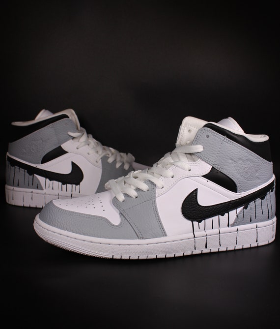 Custom Nike Air Jordan 1 Mid Grey and Black Drip Unique and Handpainted Sneakers