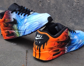 Nike Air Max 90 Leather "FIRE&ICE" Style Painted Custom Shoes Sneaker Airbrush Kicks rare shoes *UNIKAT* handpainted shoes dripping swoosh
