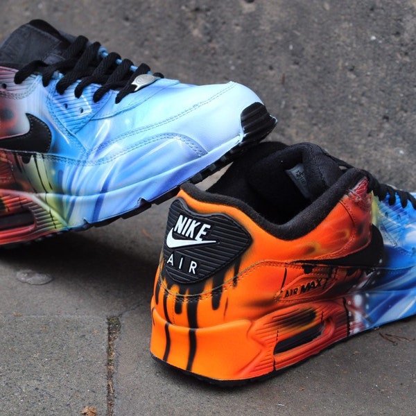 Nike Air Max 90 Leather "FIRE&ICE" Style Painted Custom Shoes Sneaker Airbrush Kicks rare schuhe *UNIKAT* handpainted shoes dripping swoosh