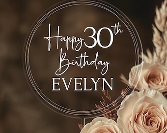 Personalized Birthday Acrylic Cake Topper, Happy Birthday Cake Topper with Name, 30th 40th 50th Birthday Decor, Anniversary Cake Topper
