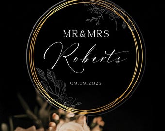 Personalized Acrylic Wedding Cake Topper, Gold Wreath Acrylic Cake Topper for Wedding, Custom Name Cake Topper, Anniversary Cake Topper