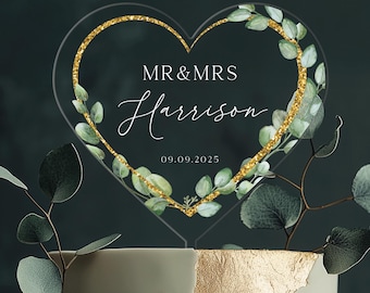 Blumenkranz Hochzeitstorte Topper, Acryl Cake Topper für Hochzeit, Gold Acryl Cake Topper, Eukalyptus Individuelle Hochzeitstorte Topper