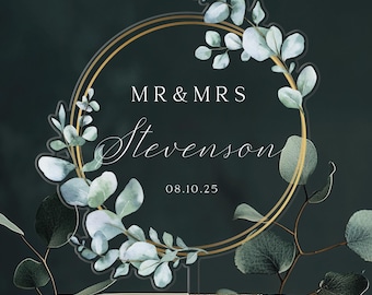 Unique Cake Topper for Wedding Eucalyptus, Rustic Acrylic Cake Topper, Mr and Mrs Cake Topper, Gold Wedding Cake Topper, Custom Cake Topper