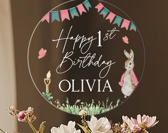 Personalized Baby Girl 1st Birthday Cake Topper, Rabbit 1st Birthday Cake Topper, First Birthday Cake Topper for Girl, Acrylic Cake Topper