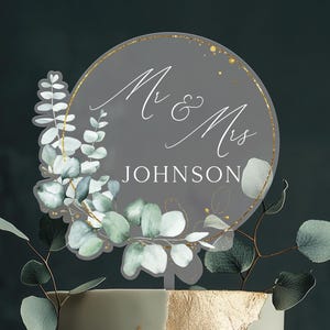 Rustic Wedding Acrylic Cake Topper, Eucalyptus and Gold Cake Topper for Wedding, Anniversary Cake Topper, Personalized Acrylic Cake Toppers