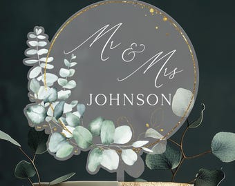 Rustic Wedding Acrylic Cake Topper, Eucalyptus and Gold Cake Topper for Wedding, Anniversary Cake Topper, Personalized Acrylic Cake Toppers