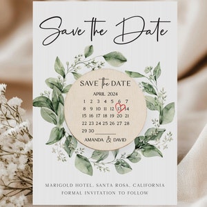 Aimant "Retenez cette date" verdure élégant avec cartes, cadeaux de mariage personnalisés, aimant calendrier "Retenez ces dates", cadeaux de mariage en bois