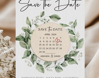 Elegante imán de hojas verdes con tarjetas para guardar la fecha, recuerdos de boda personalizados, imán de calendario para guardar la fecha, recuerdos de boda de madera