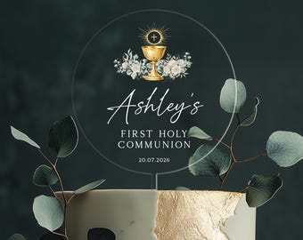 Personalized First Holly Communion Cake Topper, Custom Name Cake Topper, Baby Name Christening Decor, Baptism Cake Decor