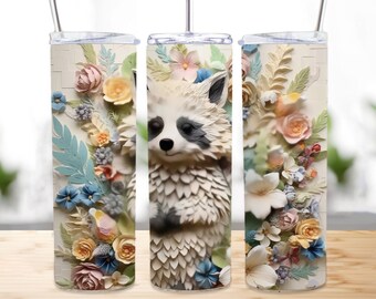 3D Raccoon Pastel Colors, 20 oz Skinny Tumbler Sublimation Design, Instant Digital Download PNG, Straight & Tapered Tumbler Wrap