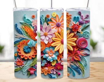3D Quilling Colorful Flowers 20 oz Skinny Tumbler Sublimation Design, Instant Digital Download PNG, Straight & Tapered Tumbler Wrap