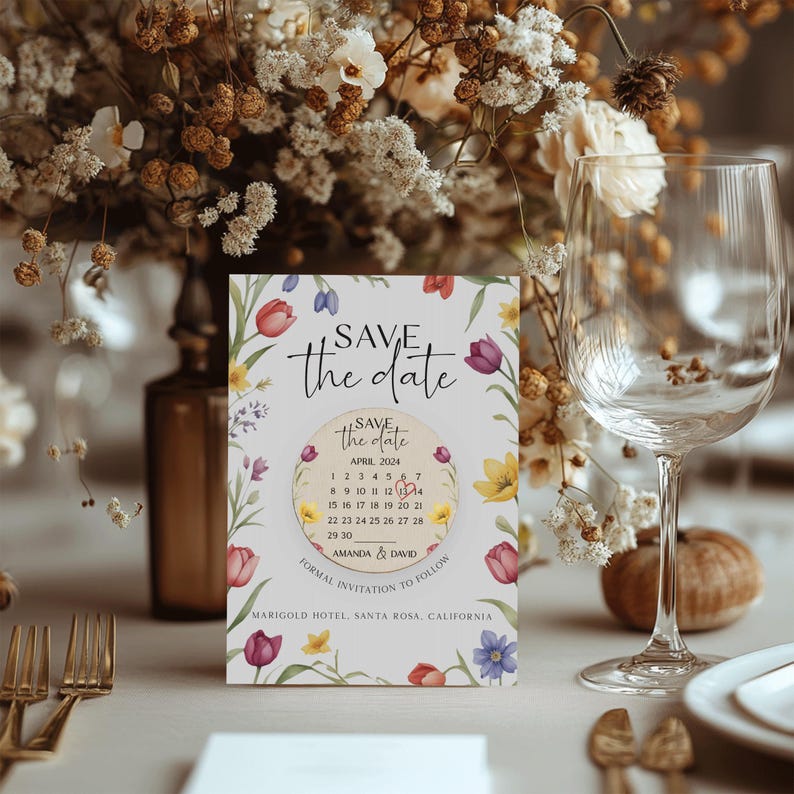 Puede incluir: Tarjeta de guardar la fecha con un dise&ntilde;o floral. La tarjeta presenta un c&iacute;rculo con un calendario para abril de 2024 con un coraz&oacute;n marcando el 7. El texto dice "Save the date" y "Amanda & David" con la ubicaci&oacute;n y la fecha del evento.