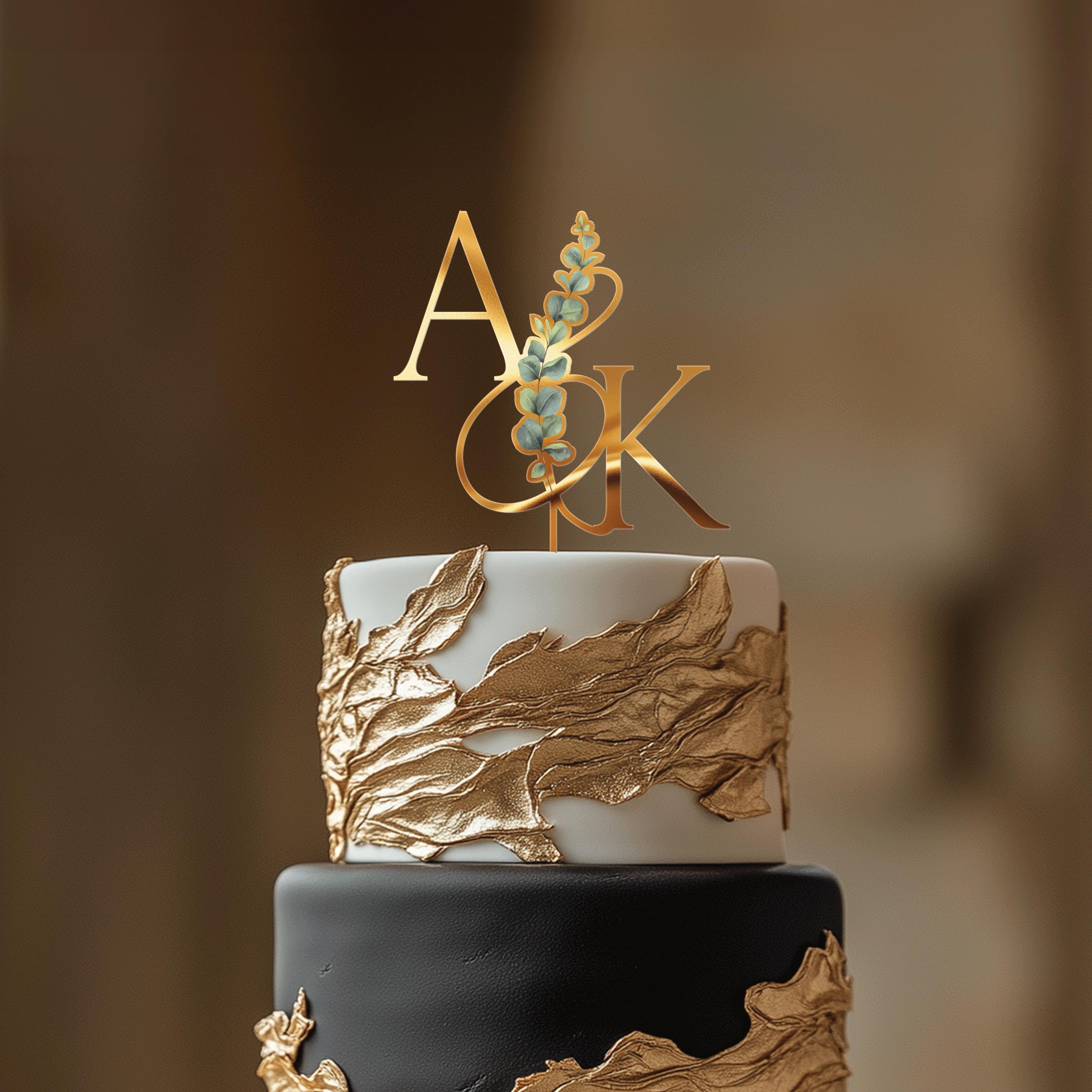 Monogram Cake Topper, Gold Acrylic Cake Topper, Eucalyptus Monogrammed Cake Topper, Custom Initials Cake Topper, Anniversary Cake Topper