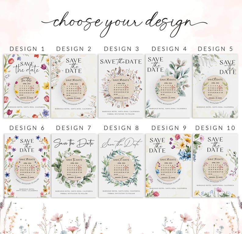 Puede incluir: Diez dise&ntilde;os diferentes para tarjetas de guardar la fecha con un dise&ntilde;o floral de acuarela y un c&iacute;rculo con el texto "Save the Date" y un calendario. Los dise&ntilde;os presentan diferentes arreglos florales y colores.