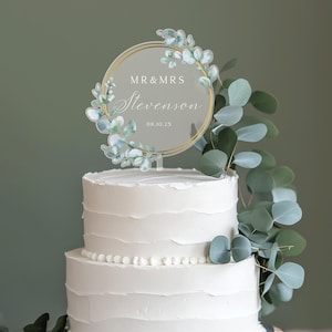 Unik tårtdekoration för bröllop med eukalyptus, rustik akryltårtdekoration, herr och fru tårtdekoration, guldfärgad bröllopstårtdekoration, anpassad tårtdekoration Frosted Acrylic