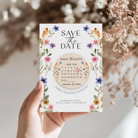 Save the Date Magnets with Card, Boho Wildflowers Save the Date Magnets, Personalized Wedding Magnets, Rustic Wedding Invites