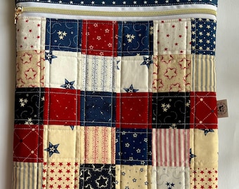 Red White Blue Patchwork Project Bag, Cross Stitch Crochet, Handmade