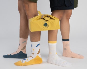GoodKawan Project/ Bumi - 4 x Colourful Crew Socks Gift Box + Reversible Furoshiki