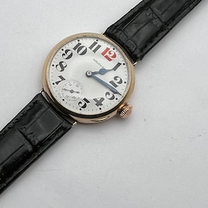 Antique 1890s Waltham Trench Watch WW1 Era with Bold Red 12 Dial - Stunning Vintage Timepiece