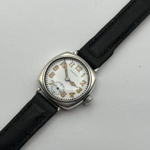 Restored 1918 Tiffany & Co. Depollier Trench Watch: 15 Jewel Sterling Silver Cushion Case, Khaki Crown
