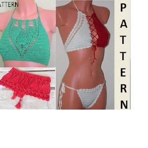 May include: A collection of handmade crochet tops and bottoms in various styles and colors. The image features a green halter top, a red skirt with tassels, and a white and red bikini set. The word "PATTERN" is visible in the image.