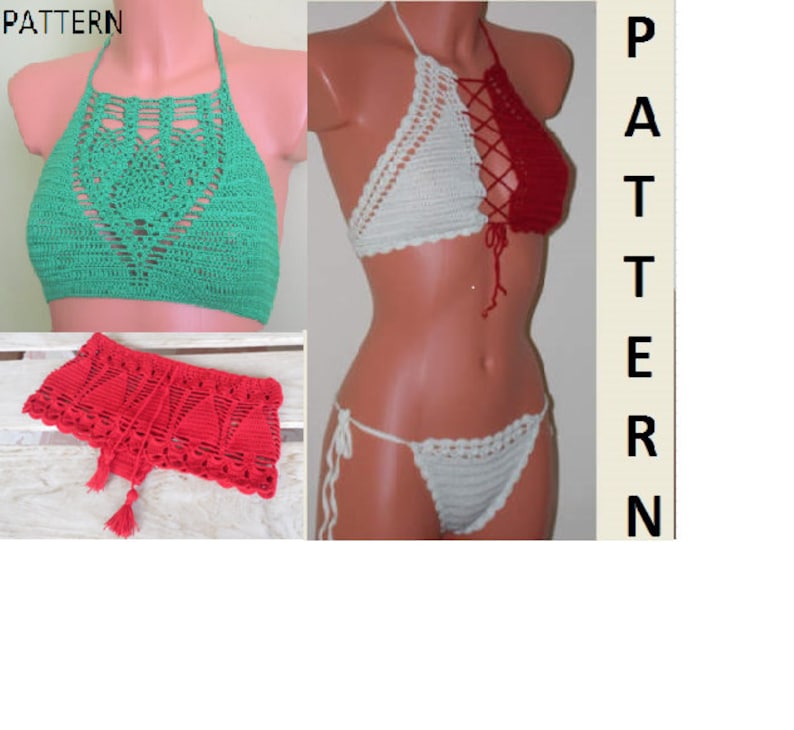 May include: A collection of handmade crochet tops and bottoms in various styles and colors. The image features a green halter top, a red skirt with tassels, and a white and red bikini set. The word "PATTERN" is visible in the image.