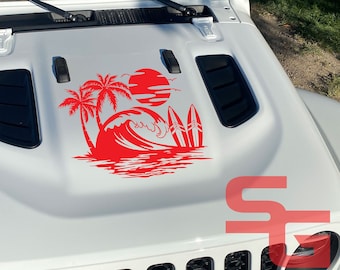 Palm Trees Beach Sunset Waves Surf Vinyl Decal for car truck or Jeep Wrangler
