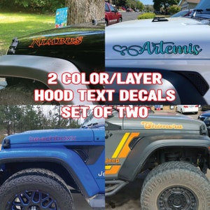 25 2 Color Outline Custom Text Hood Decals set of two choose font & text Fits Jeep Wrangler or Gladiator image 1