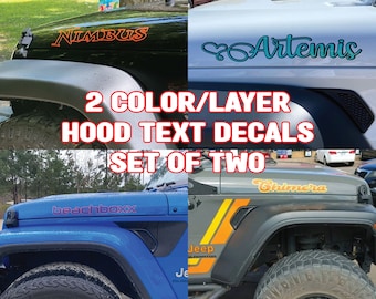 20" 2 Color Outline Custom Text Hood Decals (set of two) choose font & text Fits Jeep Wrangler or Gladiator