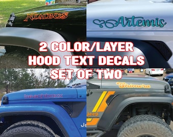 30 « 2 Color Outline Custom Text Hood Decals (ensemble de deux) choisissez la police et le texte Convient Jeep Wrangler ou Gladiator