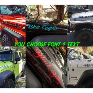 Custom Text  Hood Decals (set of two) choose font & text Fits Jeep Wrangler or Gladiator