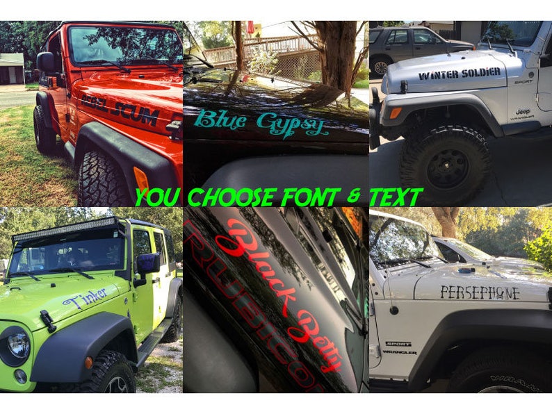 Custom Text  Hood Decals (set of two) choose font & text Fits Jeep Wrangler or Gladiator 