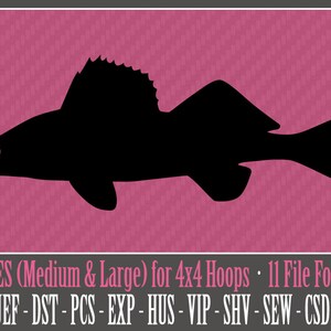 May include: Black silhouette of a fish with a dorsal fin. The image is labeled "2 SIZES (Medium & Large) for 4x4 Hoops 11 File Formats PES-JEF - DST-PCS-EXP - HUS - VIP - SHV - SEW - CSD - XXX"