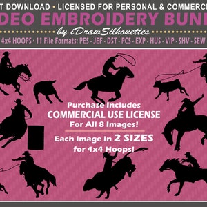 COMMERCIAL USE LICENSE - Rodeo / Cowboy Embroidery Bundle - 8 Images / 2 Sizes Each - 4x4 Hoop - 11 Formats - Instant Download